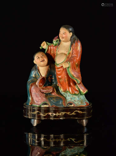 Chinese Republic Porcelain Immortal with Wood Base