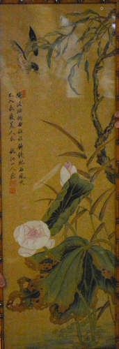 Antique Chinese Silk Painting of Lotus and Bird Scene