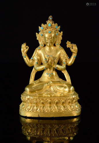 Nepalese Gilt Bronze Kuanyin with Four Arms