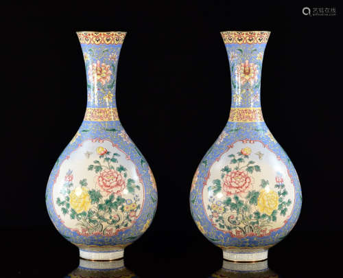 Pair Chinese Canton Enamel Vase with Floral Scene