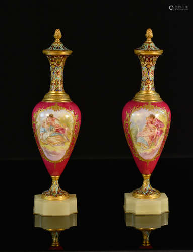 Pair French Serves and Champlevé Enamel Vases