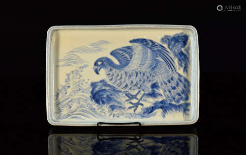 Japanese Blue White Seto Porcelain Tray with Hawk Scene
