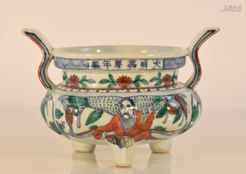 Chinese Doucai Porcelain Censer with Elder Scene