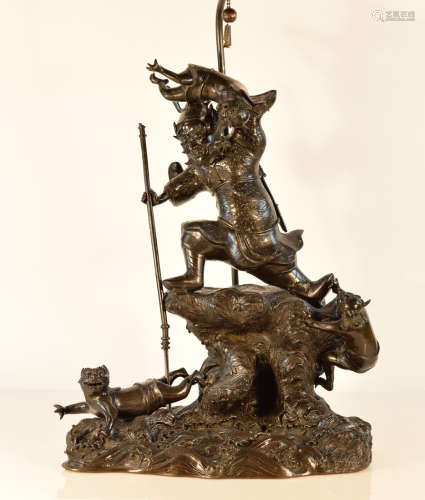Japanese Bronze Warrior with Oni