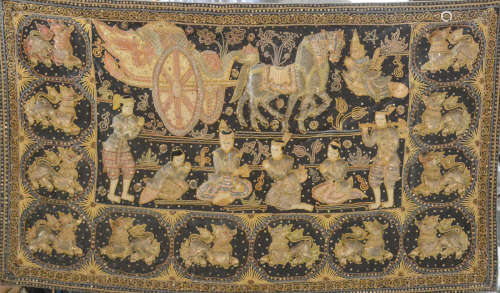 Large Siamese Thai Embroidery Panel of Horse Carriage and Figurine