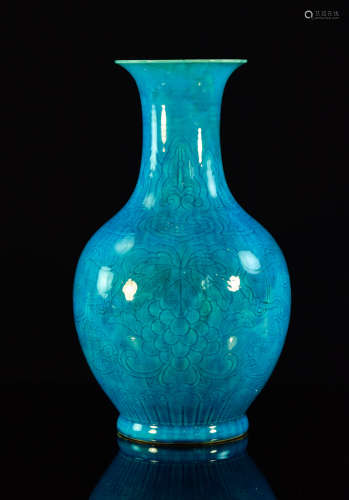 Chinese Turquois Porcelain Vase with Incised Decoration