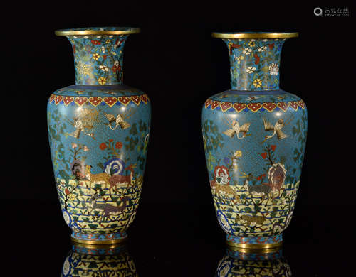 Pair Chinese Cloisonné Vases with Deer Scene