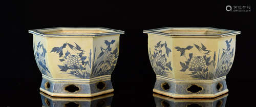 Pair Chinese Blue White Porcelain Planters