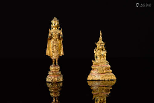 Two Antique Thai Bronze Buddha with Gold Lacquer