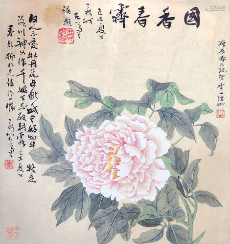 陆抑非　花卉 纸本镜框