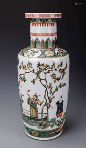 CHINESE WUCAI ROULEAU VASE FIGURAL SCENE