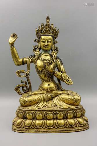 CHINESE TIBETAN GILT BRONZE FIGURE OF GUANYIN