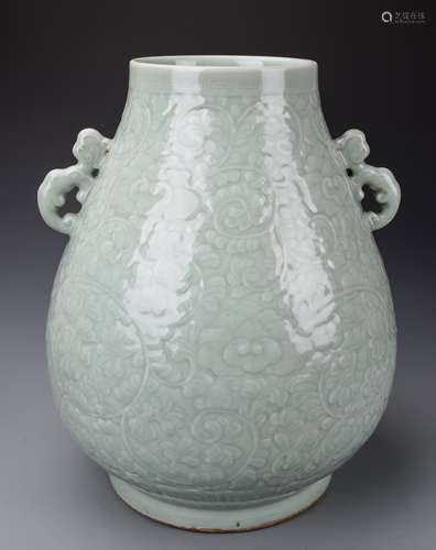 CHINESE CELADON GLAZED TWIN EARS ZUN VASE