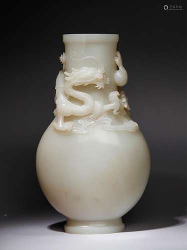 CHINESE QING DYNASTY WHITE JADE DRAGON VASE