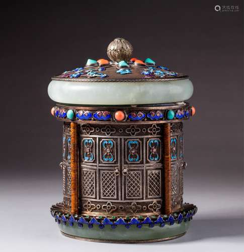 CHINESE SILVER ENAMEL WITH JADE BANGLES TEA CADDY