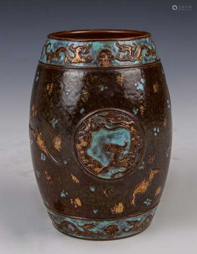 CHINESE BRONZE GLAZED DRUM SHAPE VASE