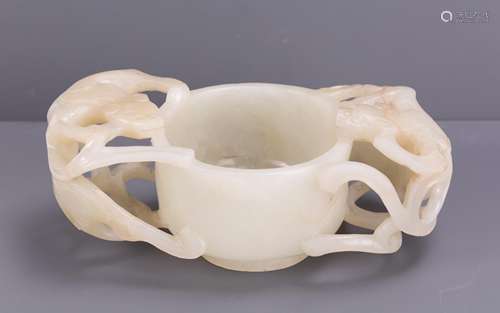 MING DY. WHITE JADE CUP CARVED TWIN DRAGON EARS