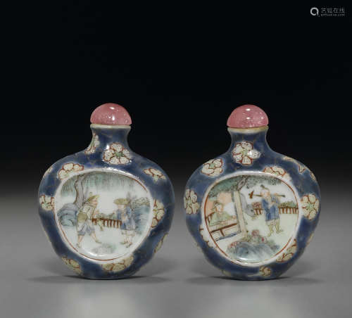1800-1850 瓷胎粉彩开光人物带梅花冰片纹鼻烟壶