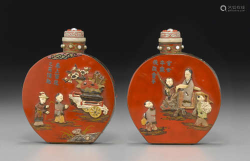 二十世纪 日本 津田家族风格 红漆嵌杂宝故事人物鼻烟壶