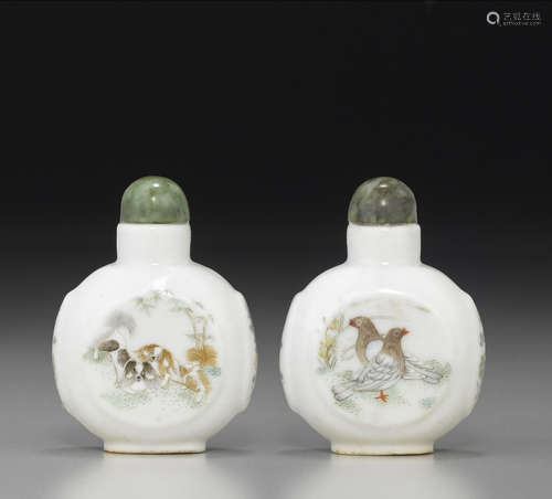 1821-1850 清道光 御制粉彩瓷胎犬鸽纹鼻烟壶《道光年制》矾红篆书款