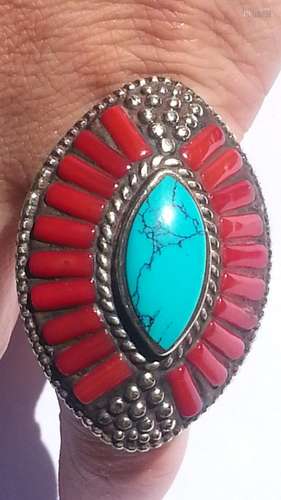 ANTIQUE Coral Turquoise Ring