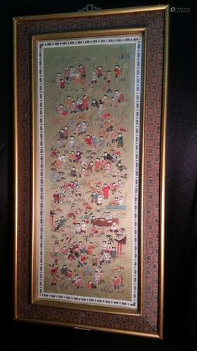 A framed Chinese 100 children embroidery panel