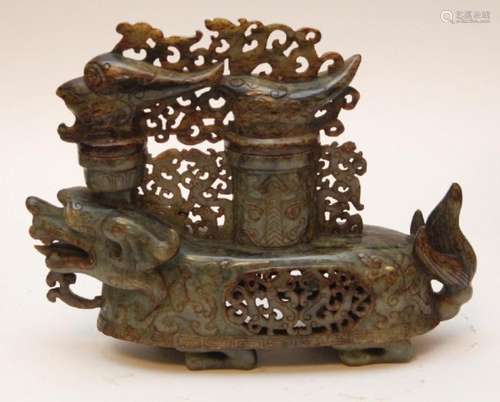 CHINESE CARVED GREEN JADE MYTHICAL BEAST VESSEL