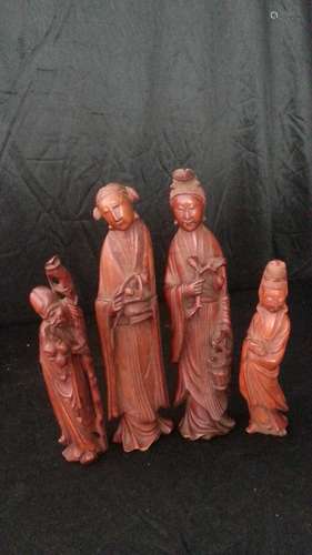 4 Antique Chinese carved wood statue