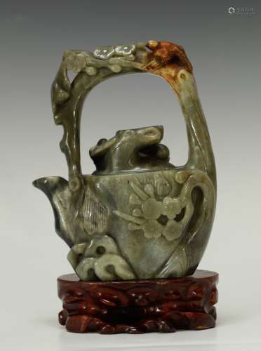 Chinese Black&White Jade Carved Teapot with Wood