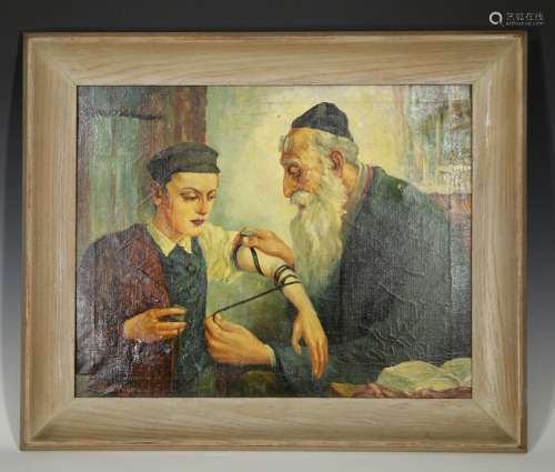 Oil on Canvas Rabbi w/ Son, Signed