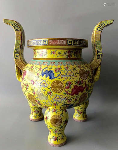 Chinese Yellow Glazed Famille Rose Tripod Censer