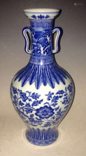 Chinese Blue/White Porcelain Floral Vase, Marked