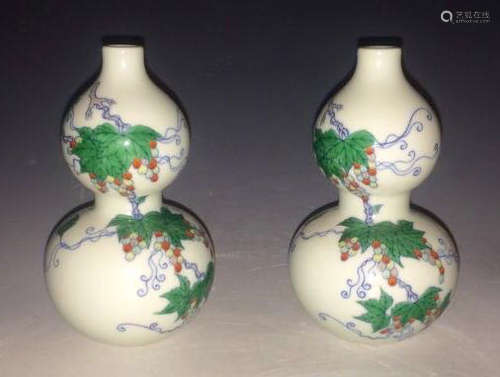 Pair of Chinese Blue/White Famille Verte Gourd Vas