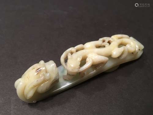 ANTIQUE Large Chinese Feicui Jade dragon hook with carvings, 18th-19th Century, 4 1/2