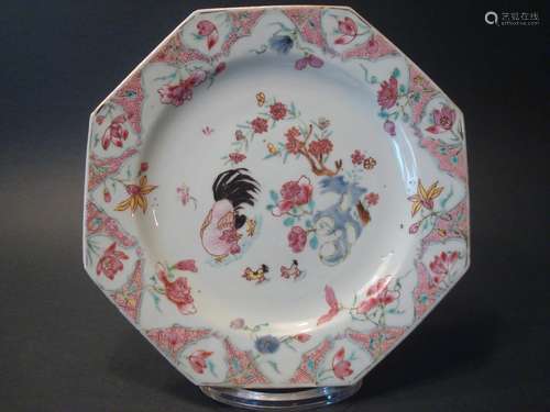 ANTIQUE CHINESE Famille Rose Plate with Chicken and flowers, 18th C. 9 1/4