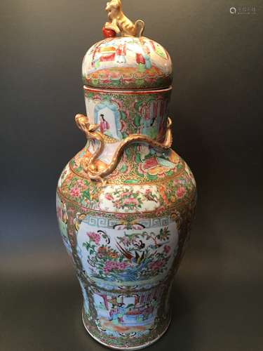 ANTIQUE Chinese Rose Medallion Covered Jar Urn, 25 1/2