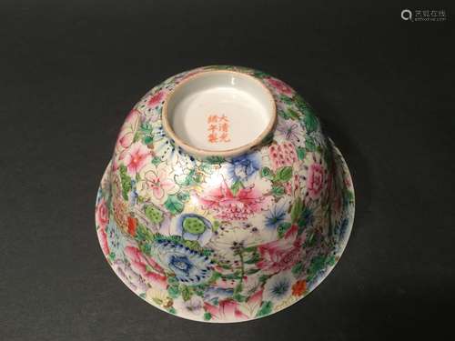 ANTIQUE Chinese Imperial Famille Rose 100 Flowers Bowl, Guangxu mark and period. 7