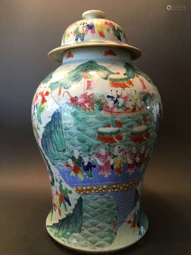 ANTIQUE Chinese Famille Rose Boy's Festival Covered Jar, 19th C. 18 1/2