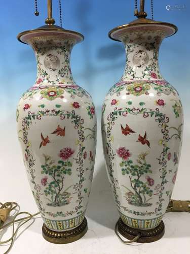 ANTIQUE Chinese Pair Famille Rose Vase Lamps, 18th Century, Vase itself 18