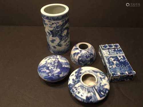 ANTIQUE Chinese Blue and White Brush Washers, Ink box, Brush Rest and Brush Pot. Largest 4 1/2