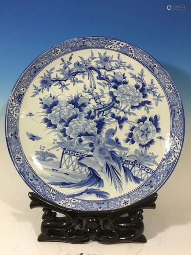 ANTIQUE Huge Japanese Blue and White Charger with flowers and birds on stand , Meiji period, 24