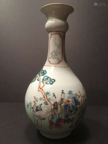 ANTIQUE Chinese Famille Rose Garlic Shape Vase with excellent paintings of courtyard figurines dog, etc, 18th Century. 10