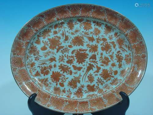 ANTIQUE Chinese Sacred Birds Orange Platter, 18 1/2