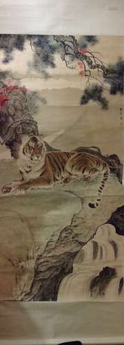 An Important Large Chinese Water Color painting Scroll with tiger, marked by Artist Liu Song Ling