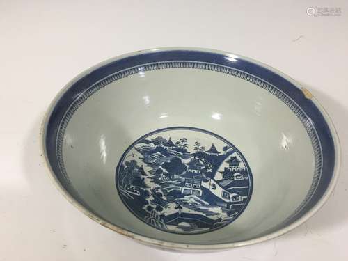 ANTIQUE Chinese Blue and White Punch Bowl, 19th C, 14 1/2