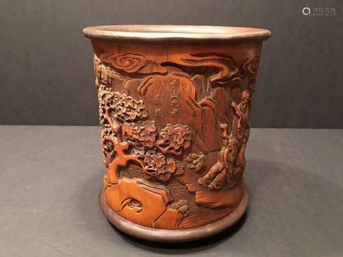 ANTIQUE Chinese bamboo Bitong with Immortals, marked