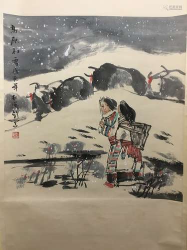 A Fine Chinese Water Color scroll painting on Plateau and Women, marked and signed.