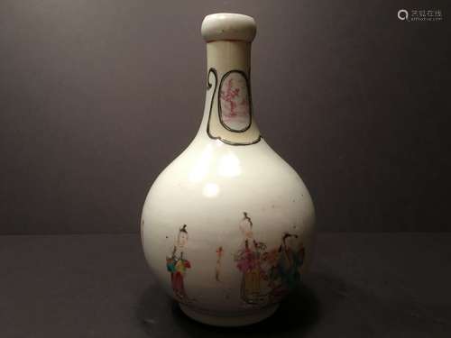 ANTIQUE Chinese Famille Rose Garlic shape Vase with figurines, 18th Century, 9