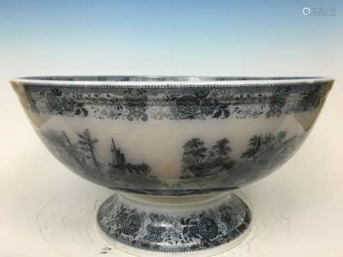 ANTIQUE German Huge Punch Bowl with Blue and White paintings, 19th Century. 19 1/2
