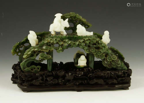 19th C. Chinese Carved Spinach Green Jade Bridge